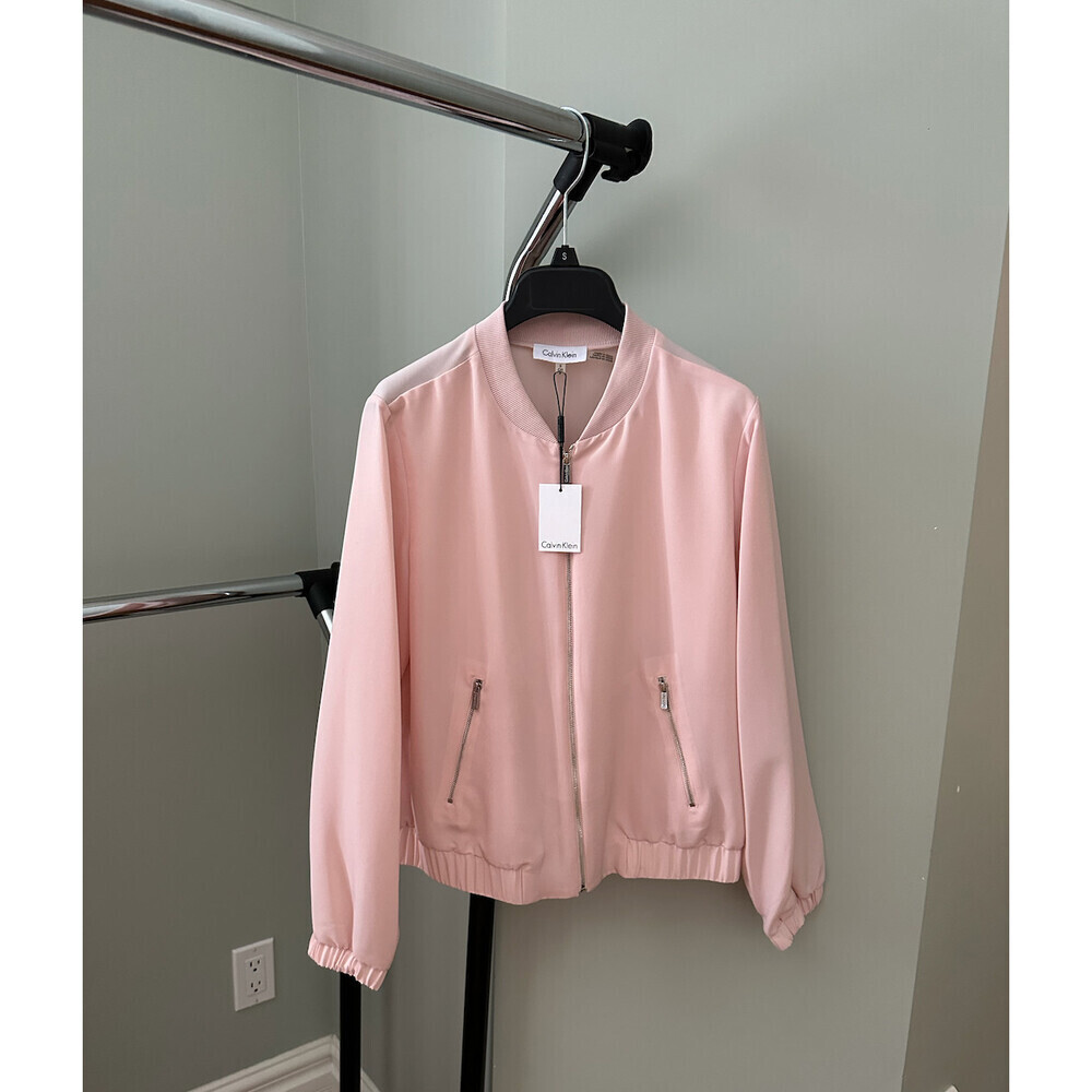 Calvin Klein Zip Up Sheer Satin Bomber Jacket In Blush Pink Size M 150$ - Picture 11 of 12